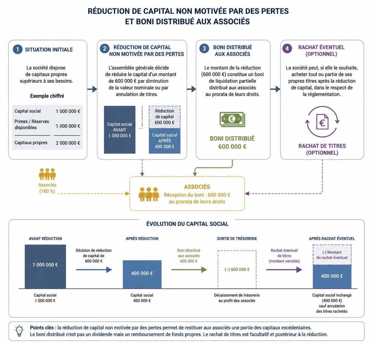 découvrez le régime fiscal et comptable du boni distribué aux associés lors d'une réduction de capital non motivée par des pertes, ainsi que ses implications juridiques et financières.